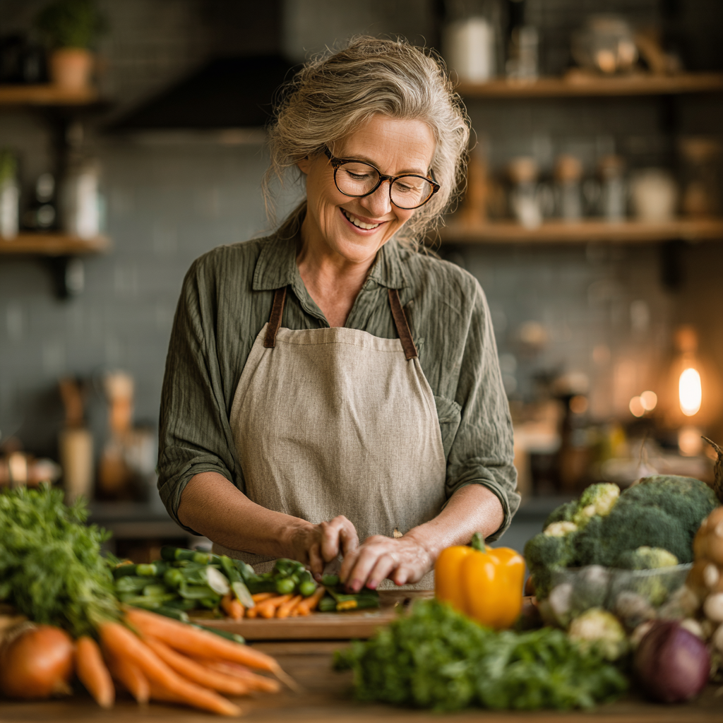Mature woman in her 50s smiling while preparing fresh healthy vegetables in a bright modern kitchen, wearing a light colored apron